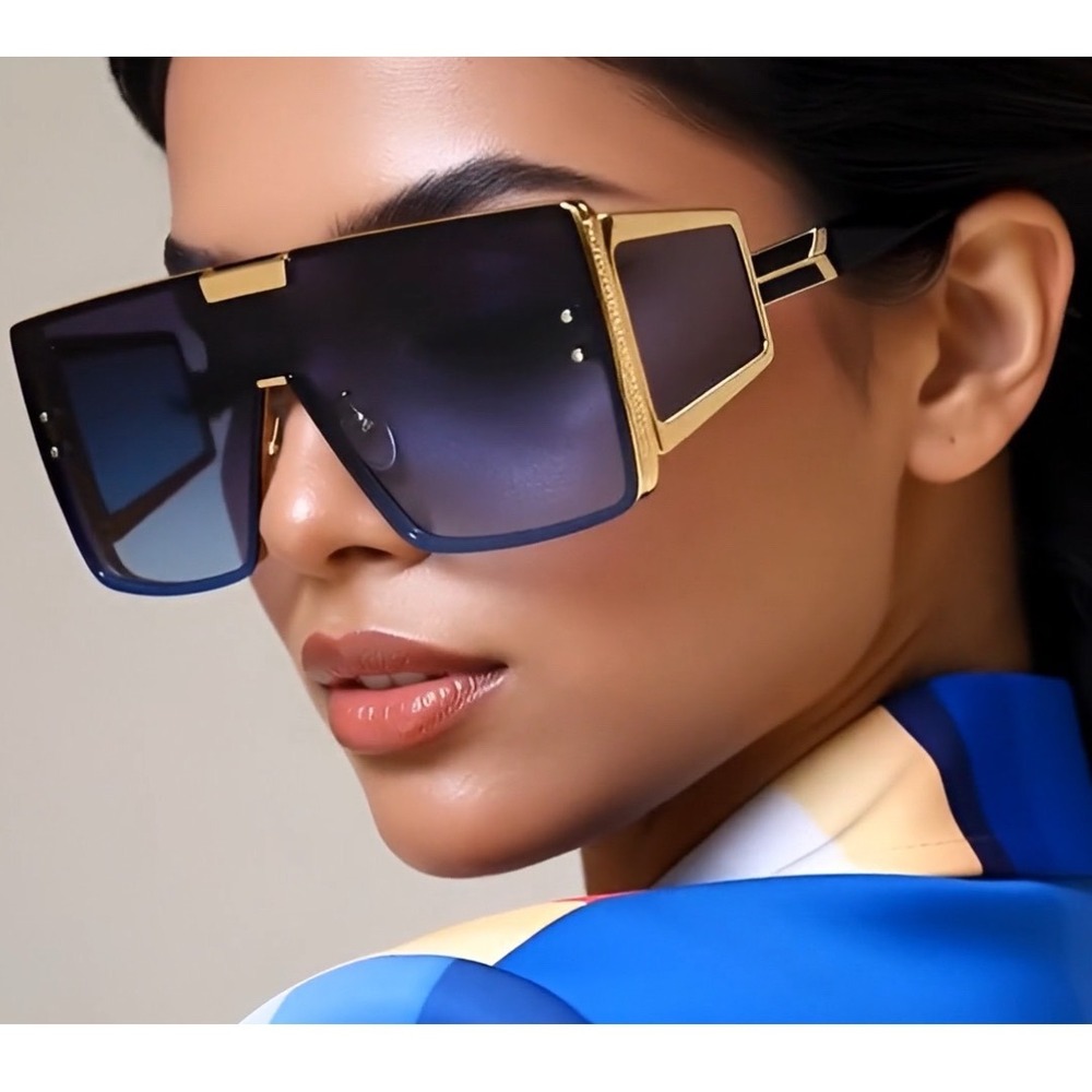Sunglasses Women Men Blue Graient Lens Oversized Rectangular Metal Lentes Gafas - Picture 5 of 11